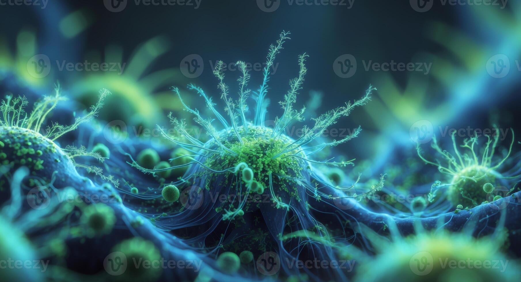 A close up of a cell with green and blue colors photo