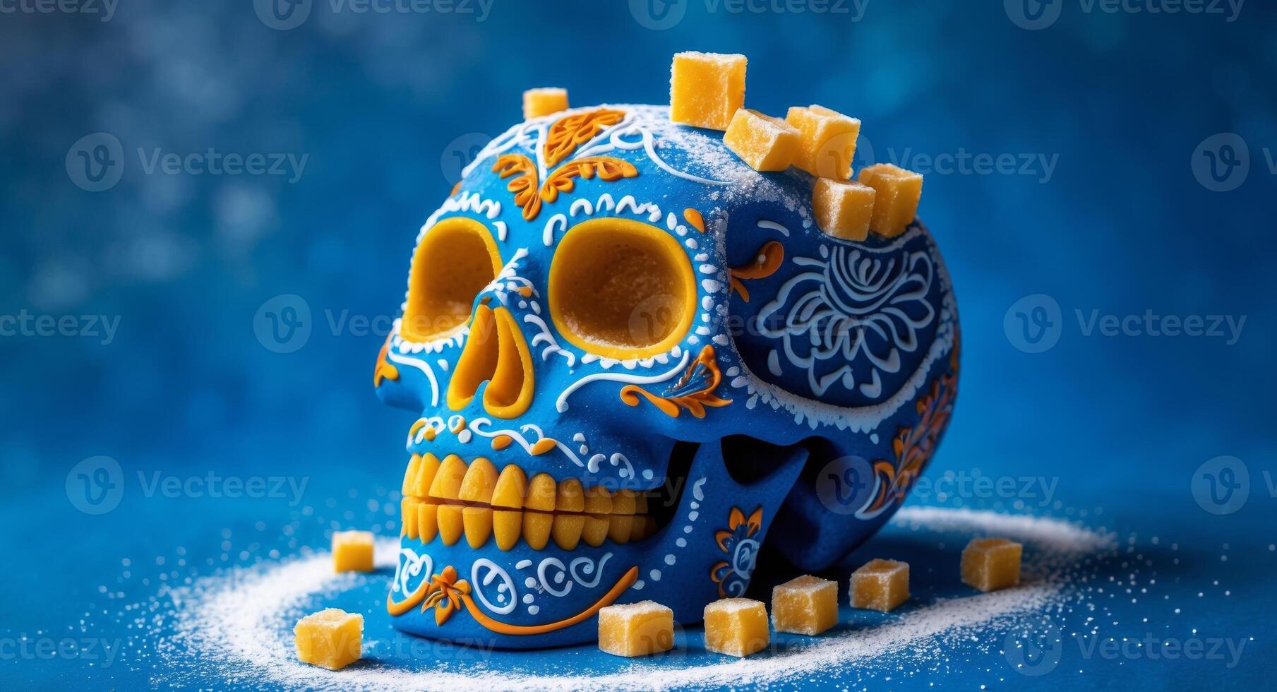 Blue Sugar Skull with Decorative Details and Sugar Cubes on a Blue Background photo