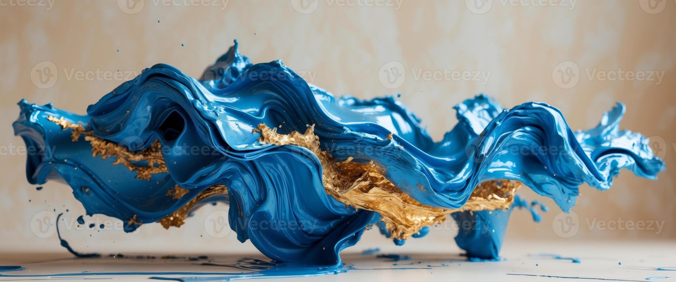 Abstract Blue and Gold Fluid Sculpture. A Dance of Color and Texture, Artistic Vision. photo