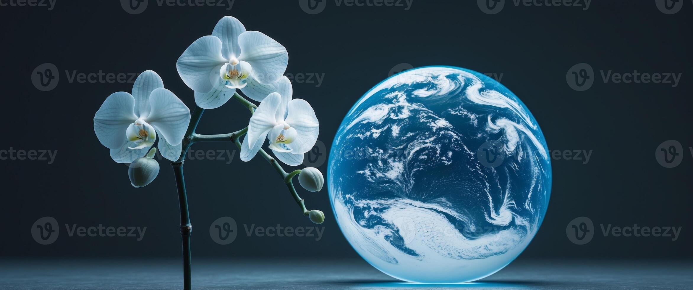 Harmony of Nature. Delicate Orchid Blooms Beside a Luminous Earth Globe, Capturing Beauty photo