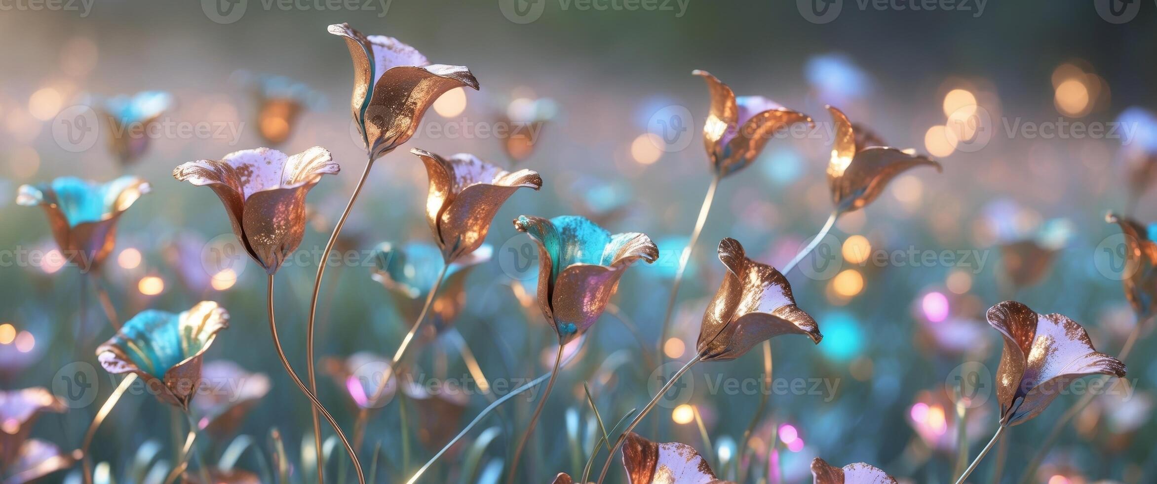 Metallic Flowers in a Dreamy Field, a Blend of Fantasy and Natures Beauty. photo