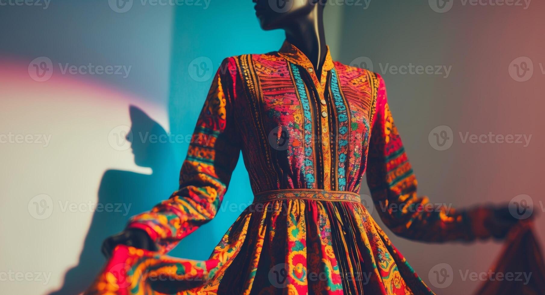 Vibrant Dress on Mannequin with Colorful Lighting and Shadow, Style and Fashion. photo