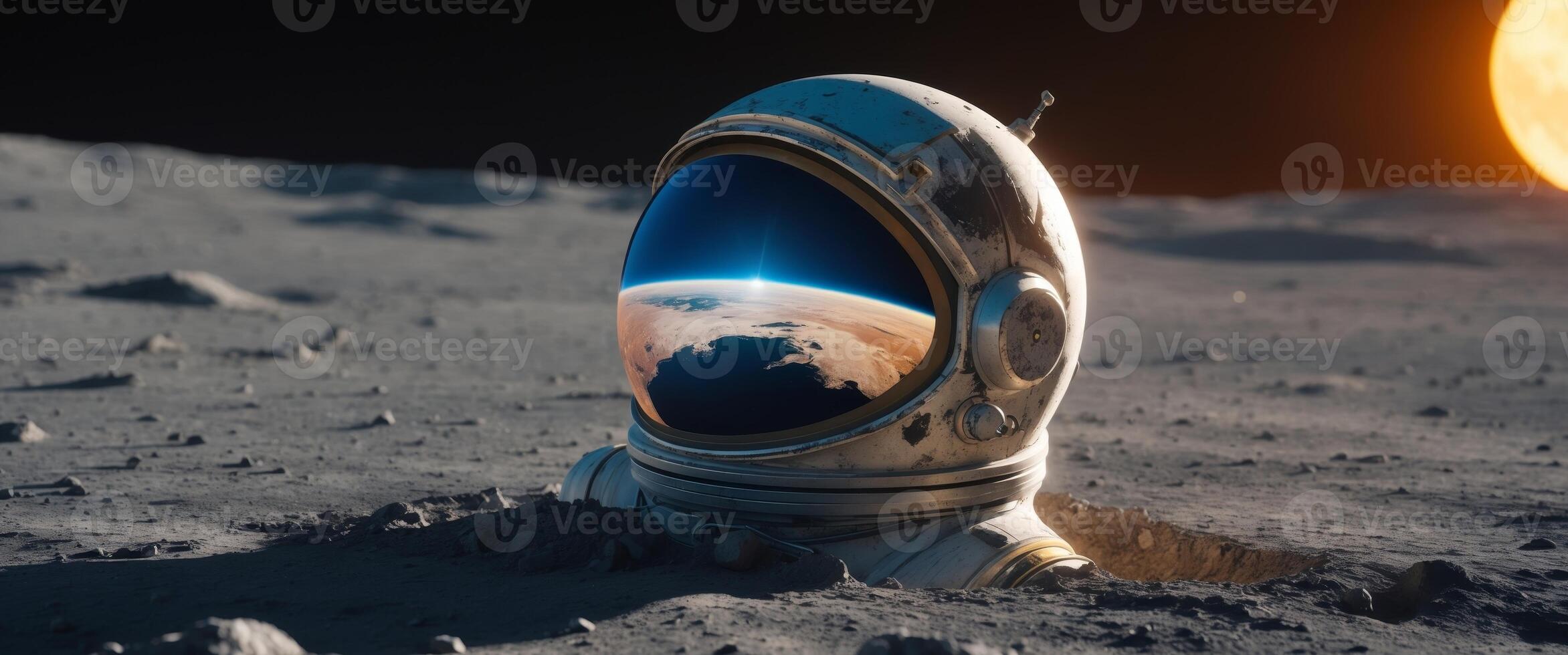 Lost on the Lunar Surface. A Lonely Astronauts Helmet with Earth Reflection photo