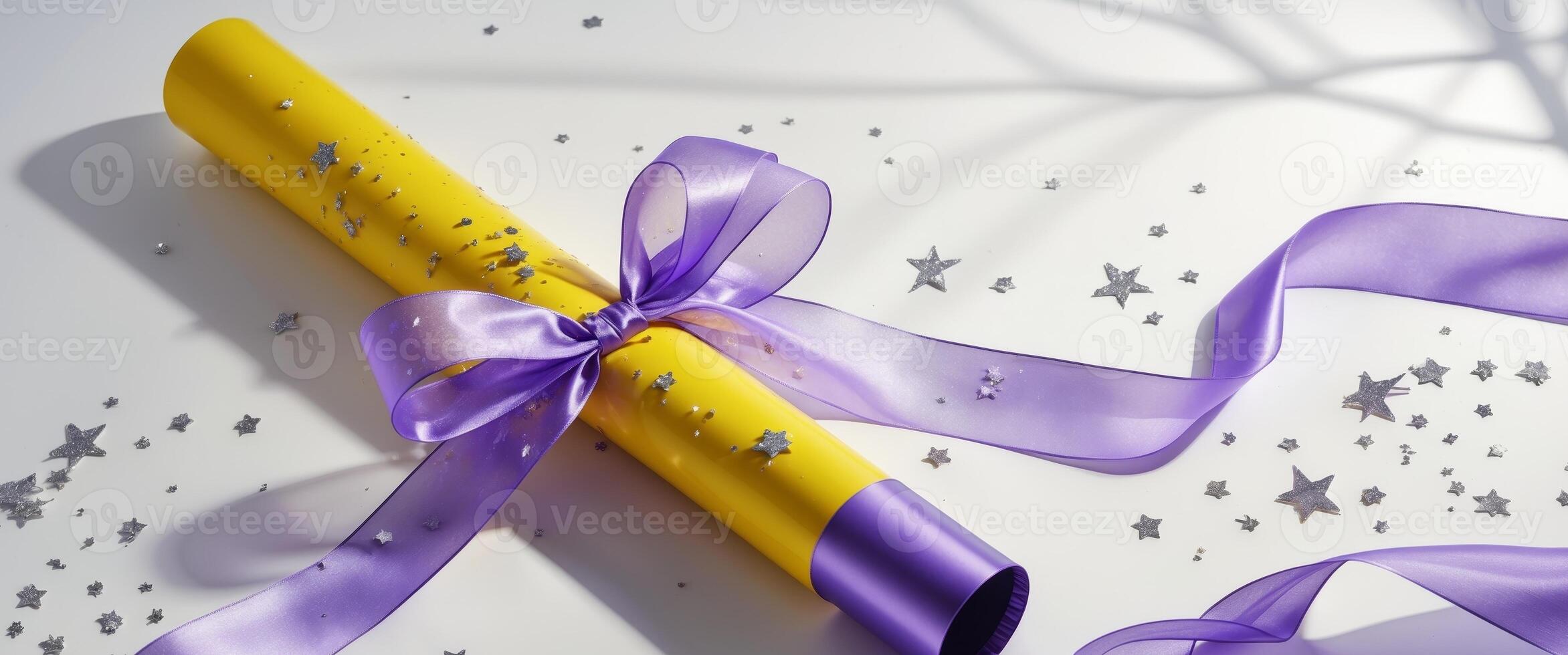 A Bright Future. Diploma Scroll with Violet Ribbon and Silver Star Confetti. photo