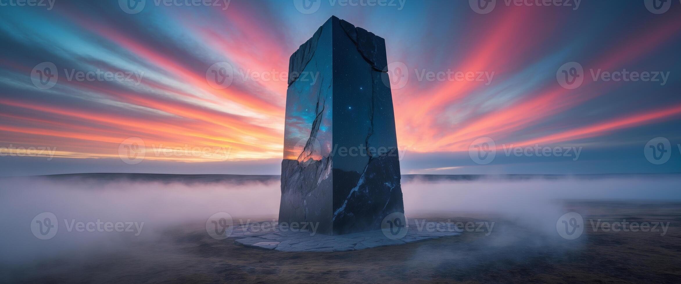Monolith at Sunset. A Mysterious Monument Stands Amidst the Fog and Radiant Sky. photo