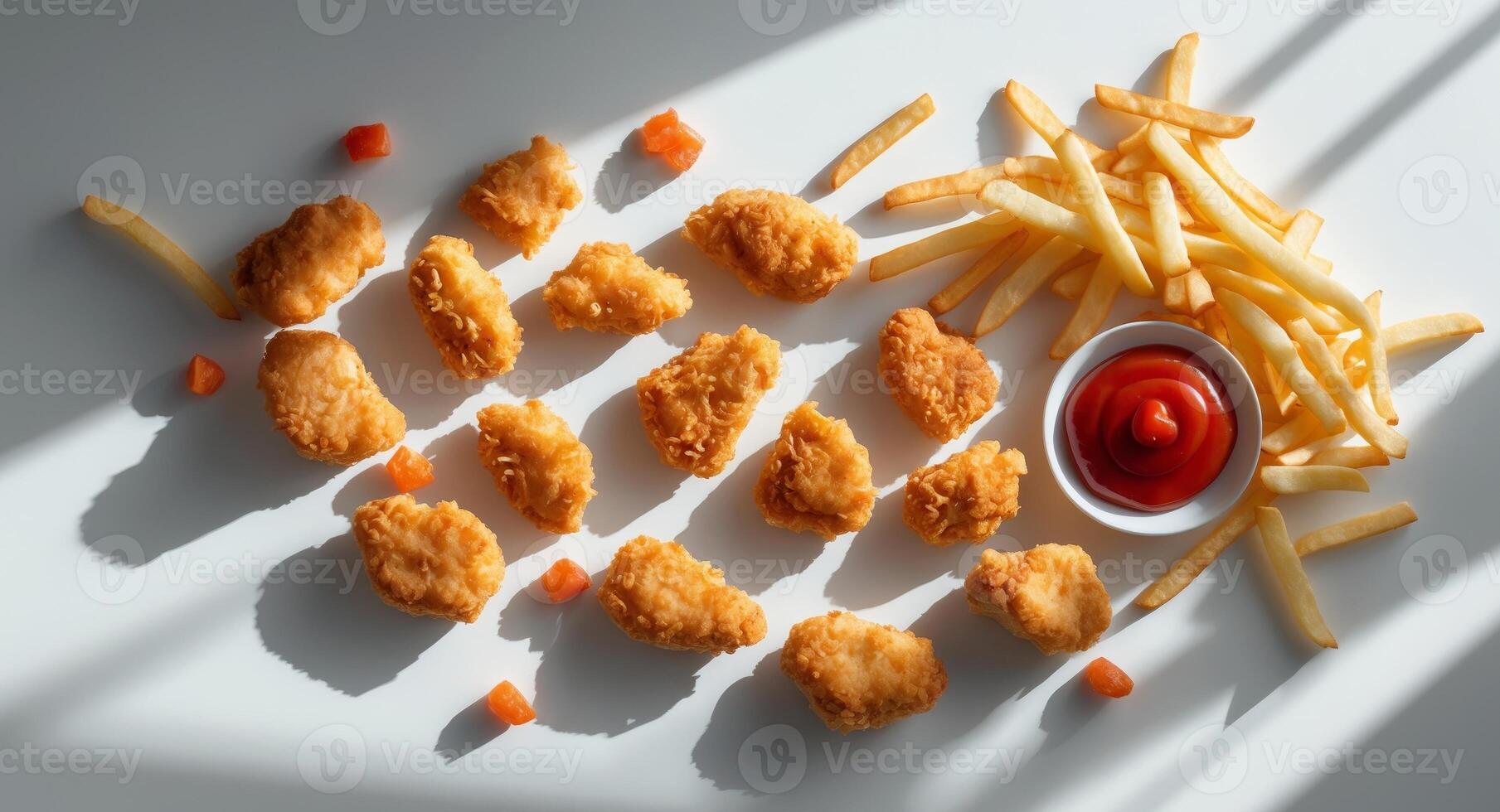 Crispy Chicken Nuggets and French Fries with Ketchup, Delicious Comfort Food on White. photo
