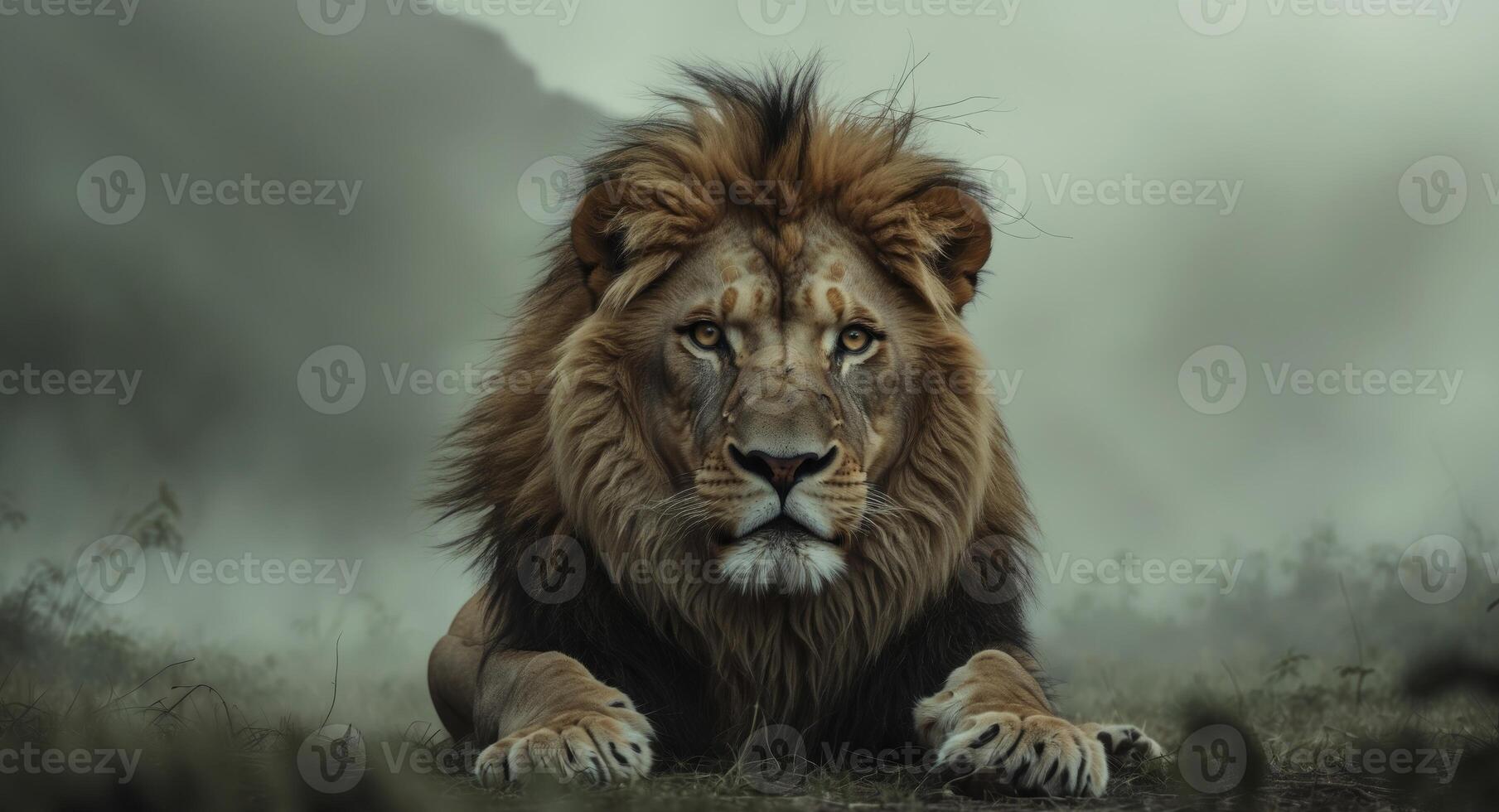 Majestic Lion Portrait in a Misty Landscape. A Study in Power and Serenity. photo