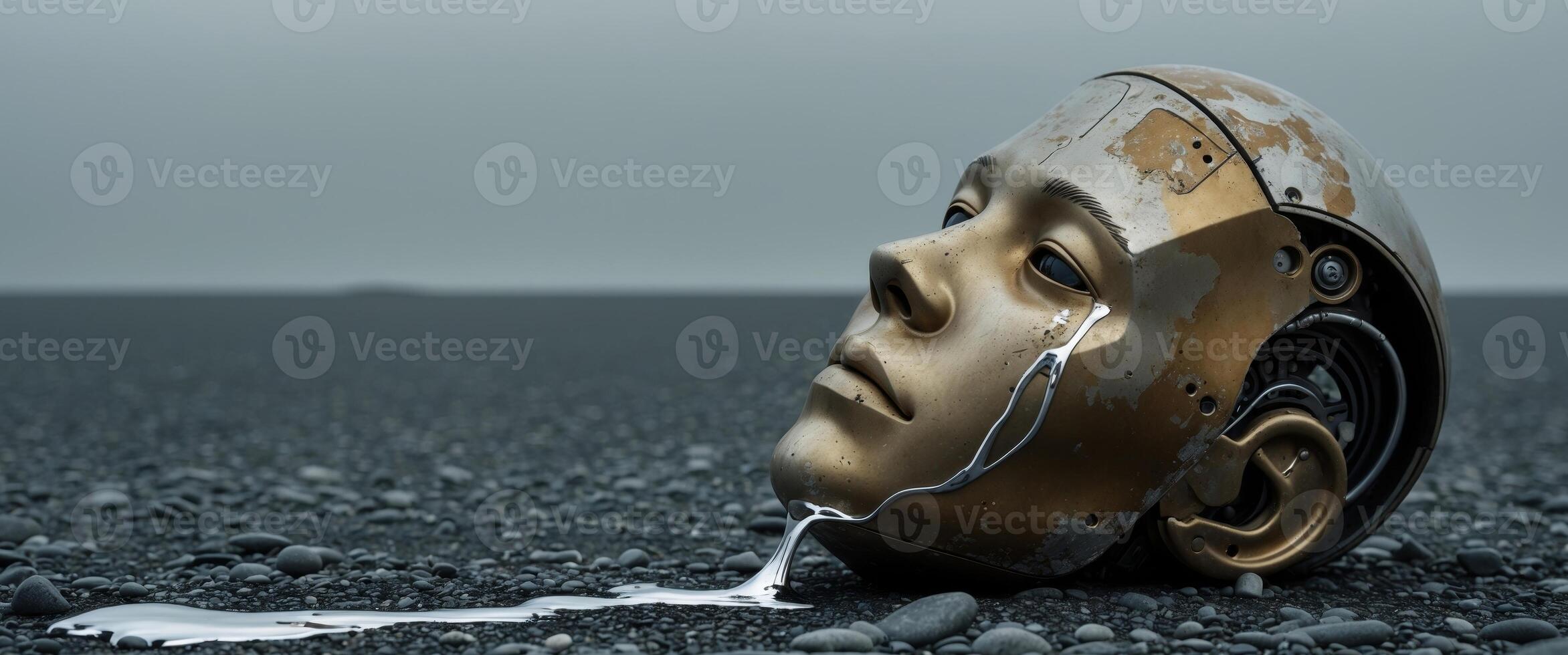 Lost in Thought. A Glimpse into the Emotional Life of an AI Robot on a Barren Shore photo