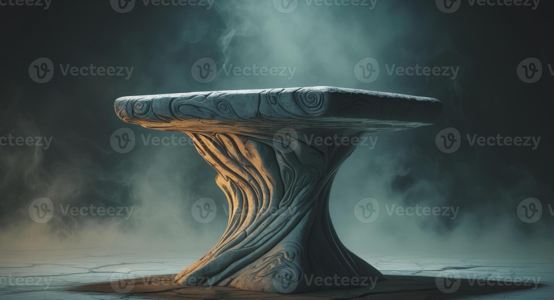 Mystical Stone Pedestal with Intricate Carvings in a Smoky, Atmospheric Setting photo