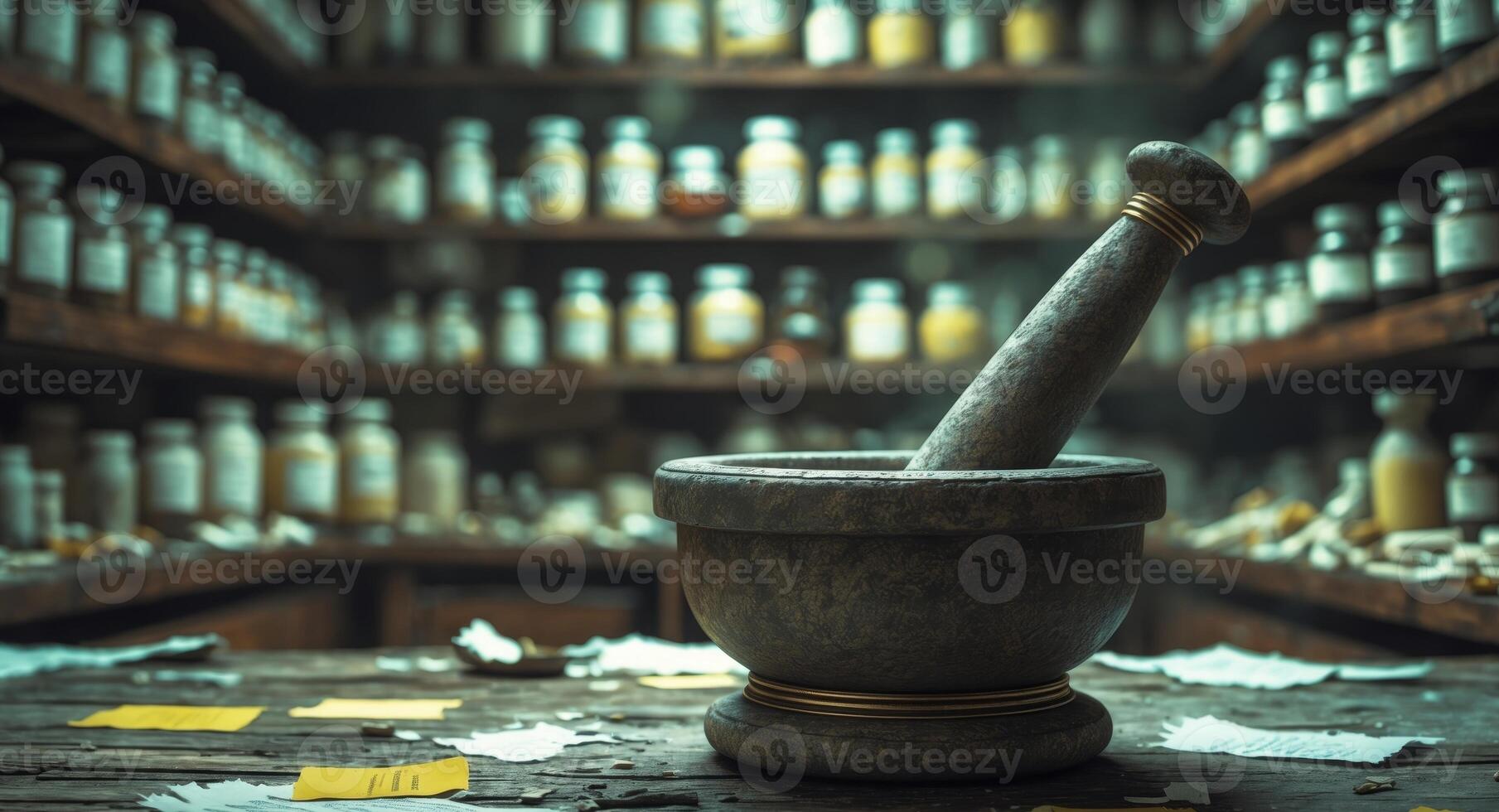 Mortar and Pestle in a Vintage Apothecary. A Blend of Tradition and Healing Tools photo