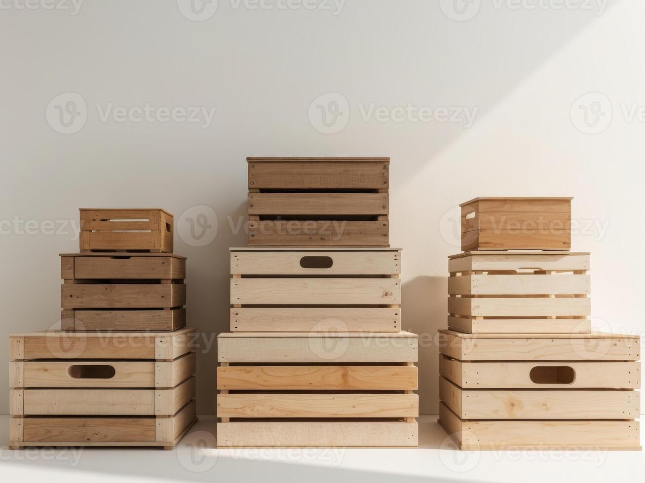 A group of wooden crates stacked against a wall photo