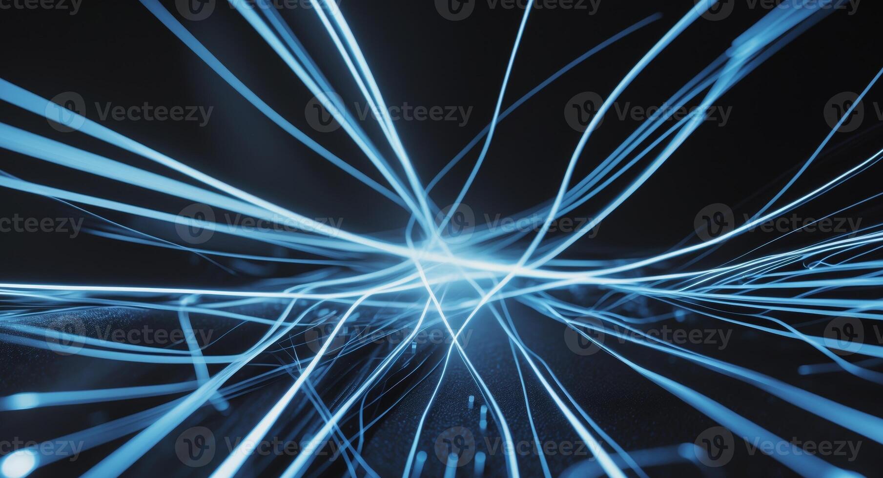 Abstract Blue Light Trails Converging on a Central Point, Dark Background. photo