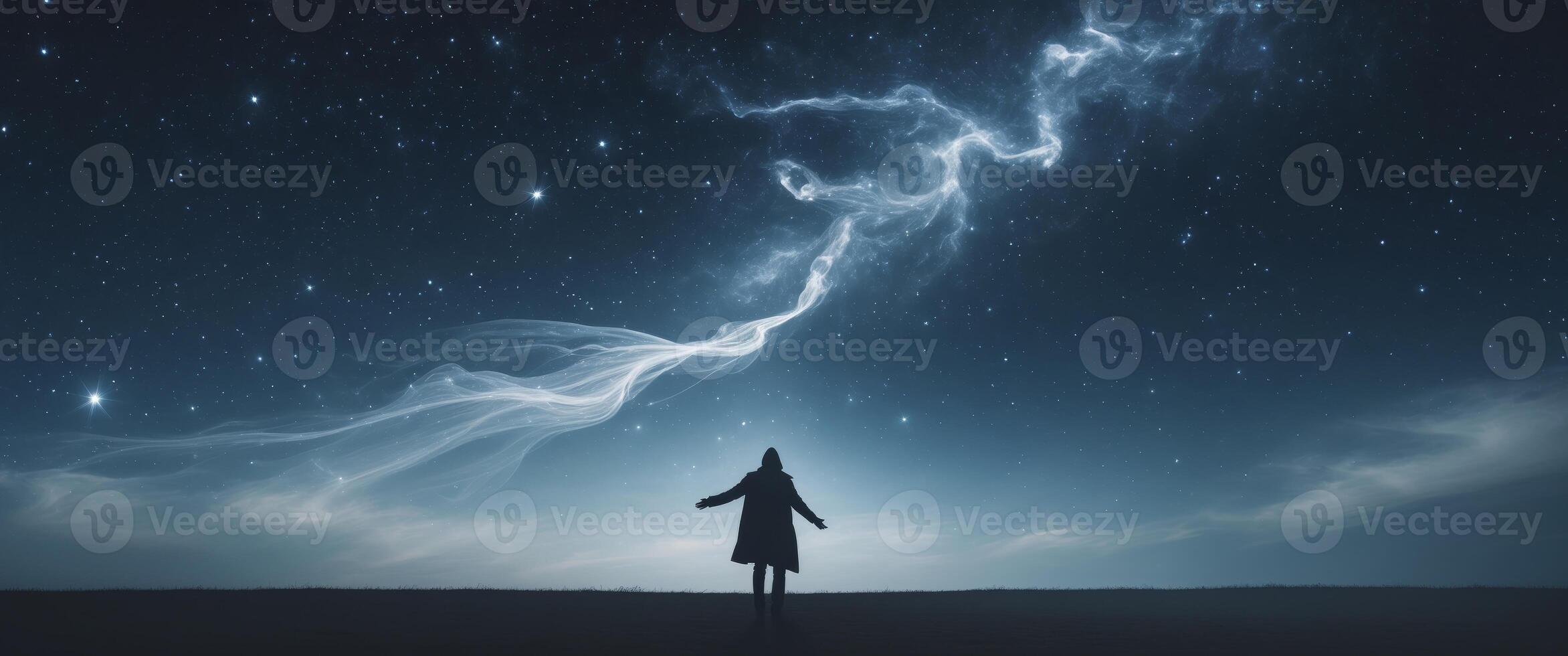 A Lone Figure Beneath a Celestial Spectacle, Embracing the Cosmic Night Sky. photo