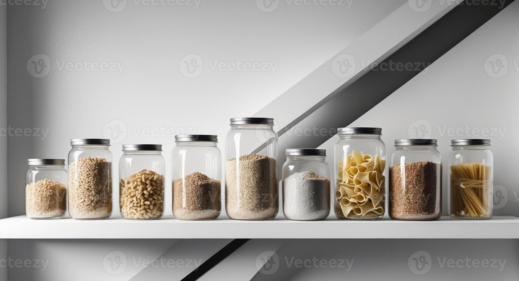 Jars of Assorted Dry Foods and Pasta on a White Shelf, Minimalist Pantry Storage. photo