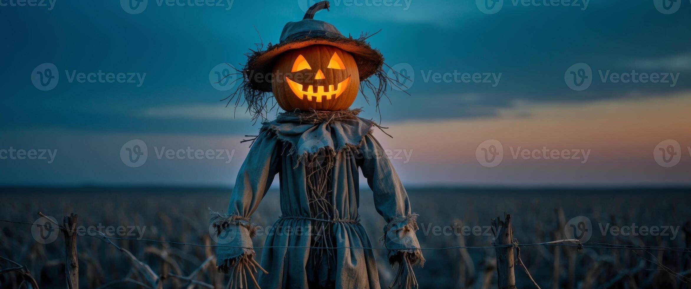 A scarecrow with a pumpkin face standing in a field photo