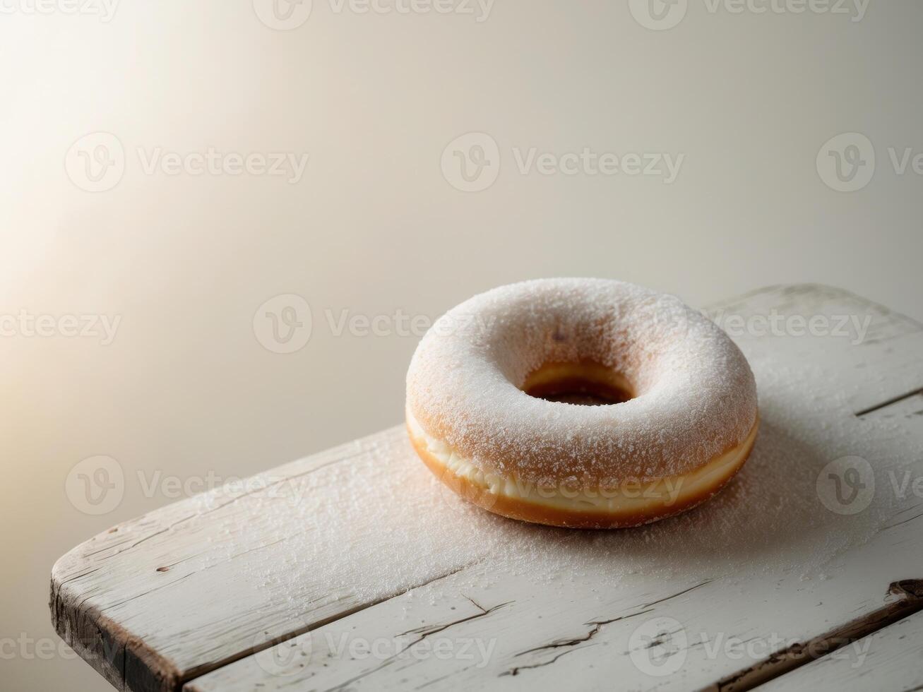 Powdered Sugar Donut on Rustic White Wooden Table, a Sweet Temptation. photo