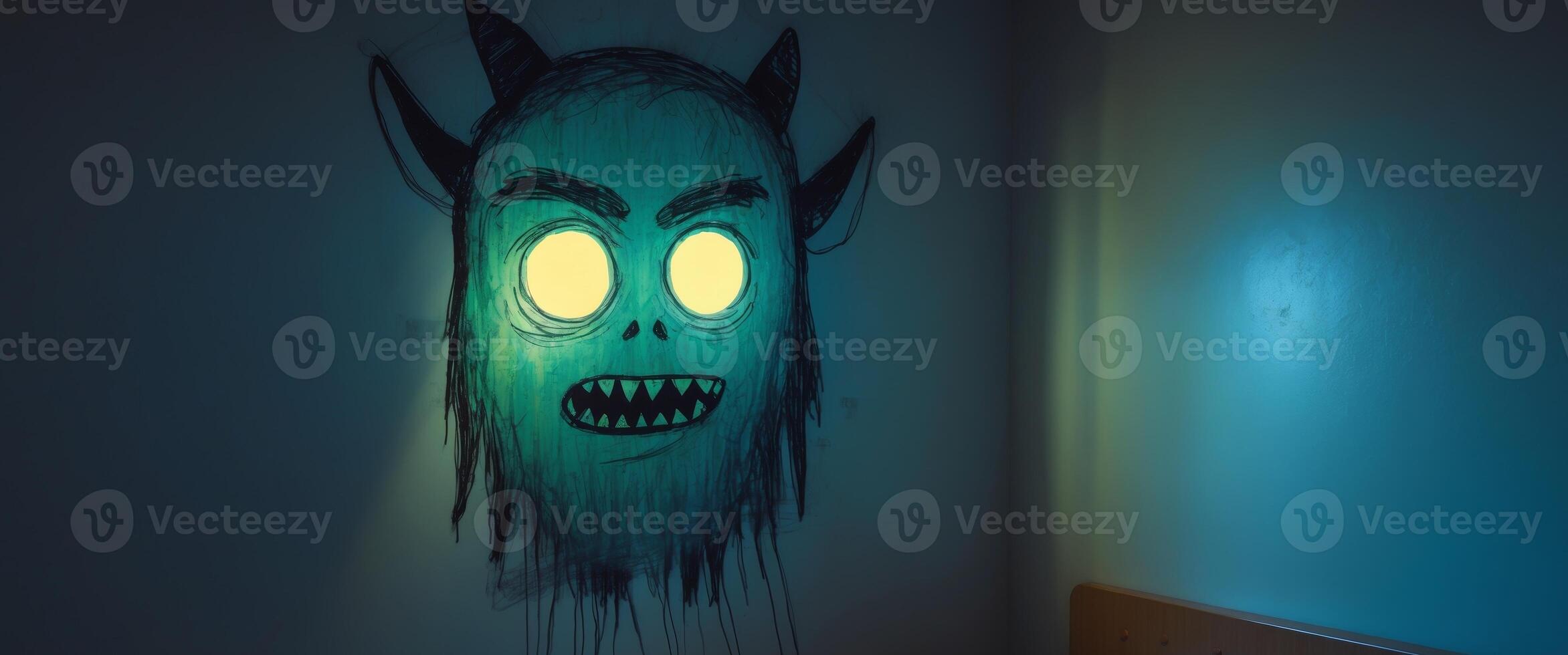 Monster in the Room. A Sketch of a Creature with Glowing Eyes in a Bedroom. photo