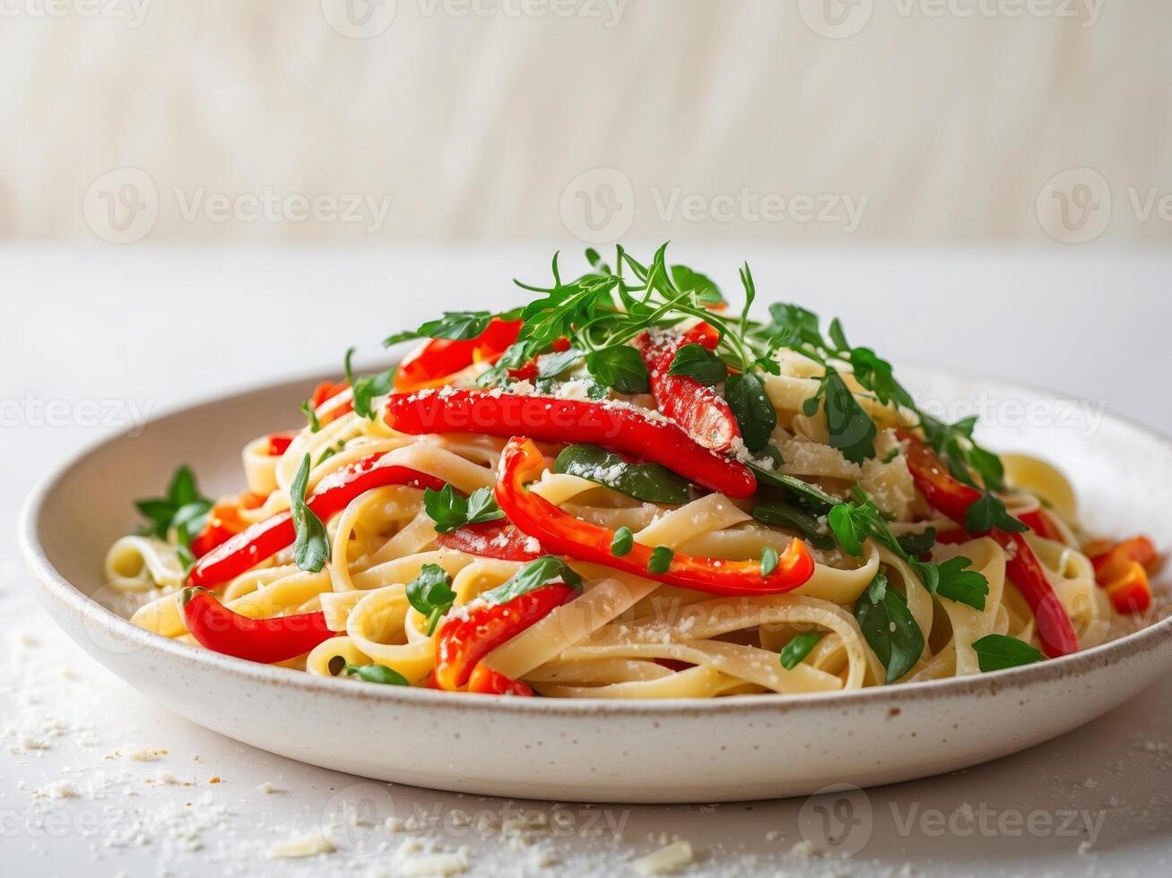 A bowl of pasta with peppers and herbs photo
