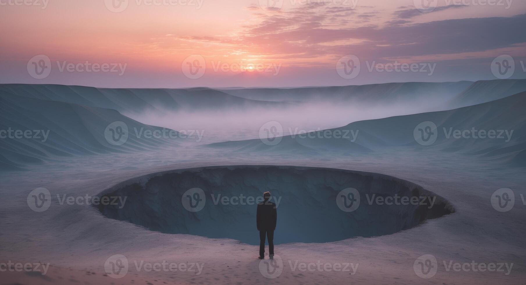 A man standing in front of a hole in the desert photo
