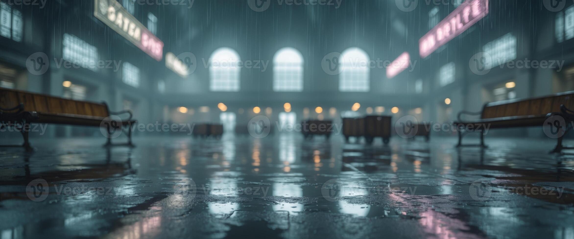 A rainy night scene with benches and lights photo