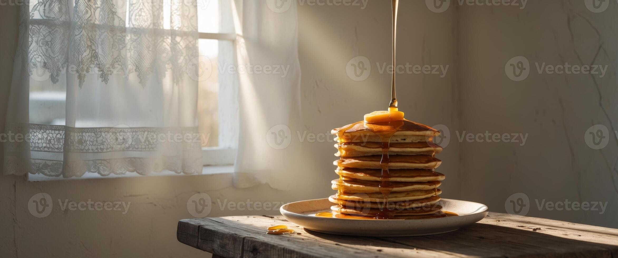 Stack of Pancakes with Syrup, Butter, and Natural Light at a Cozy Table. photo