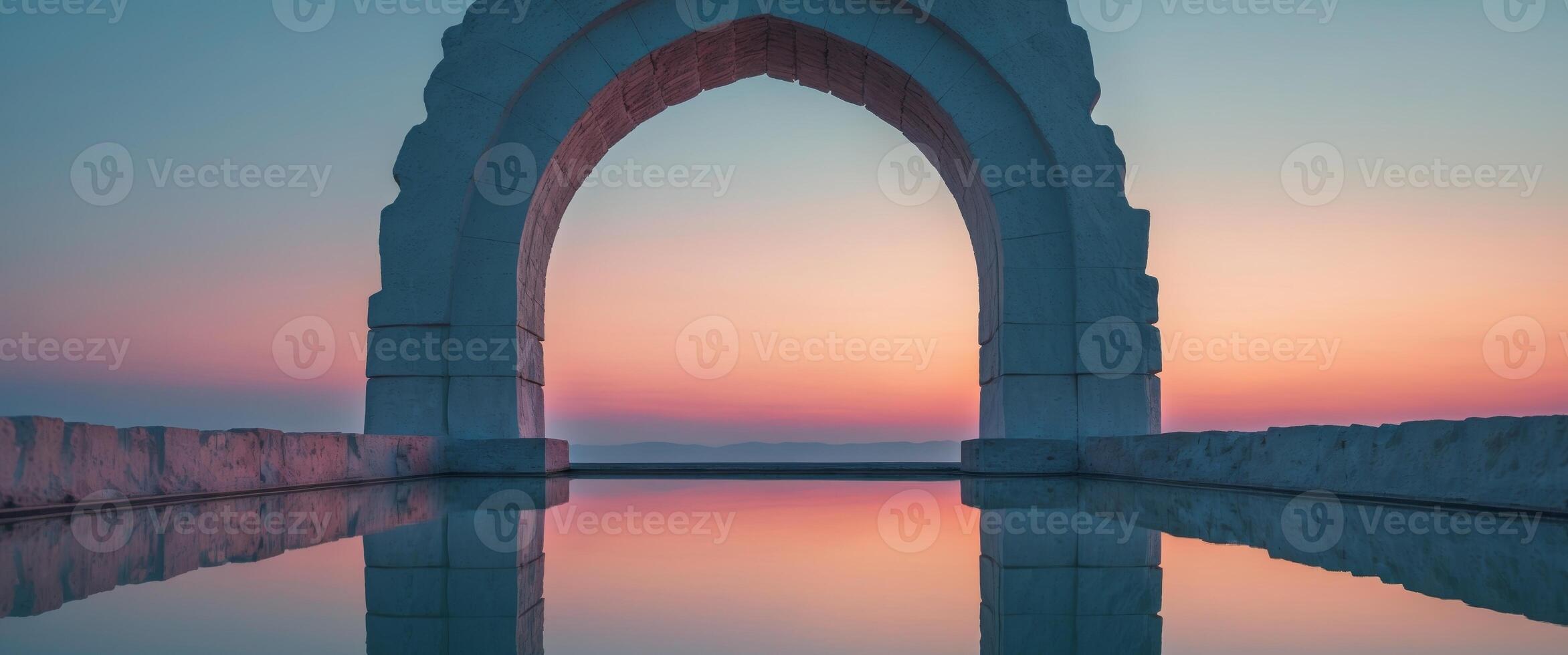 Architectural Archway Reflection. A Serene Sunset Scape with a White Stone Arch photo