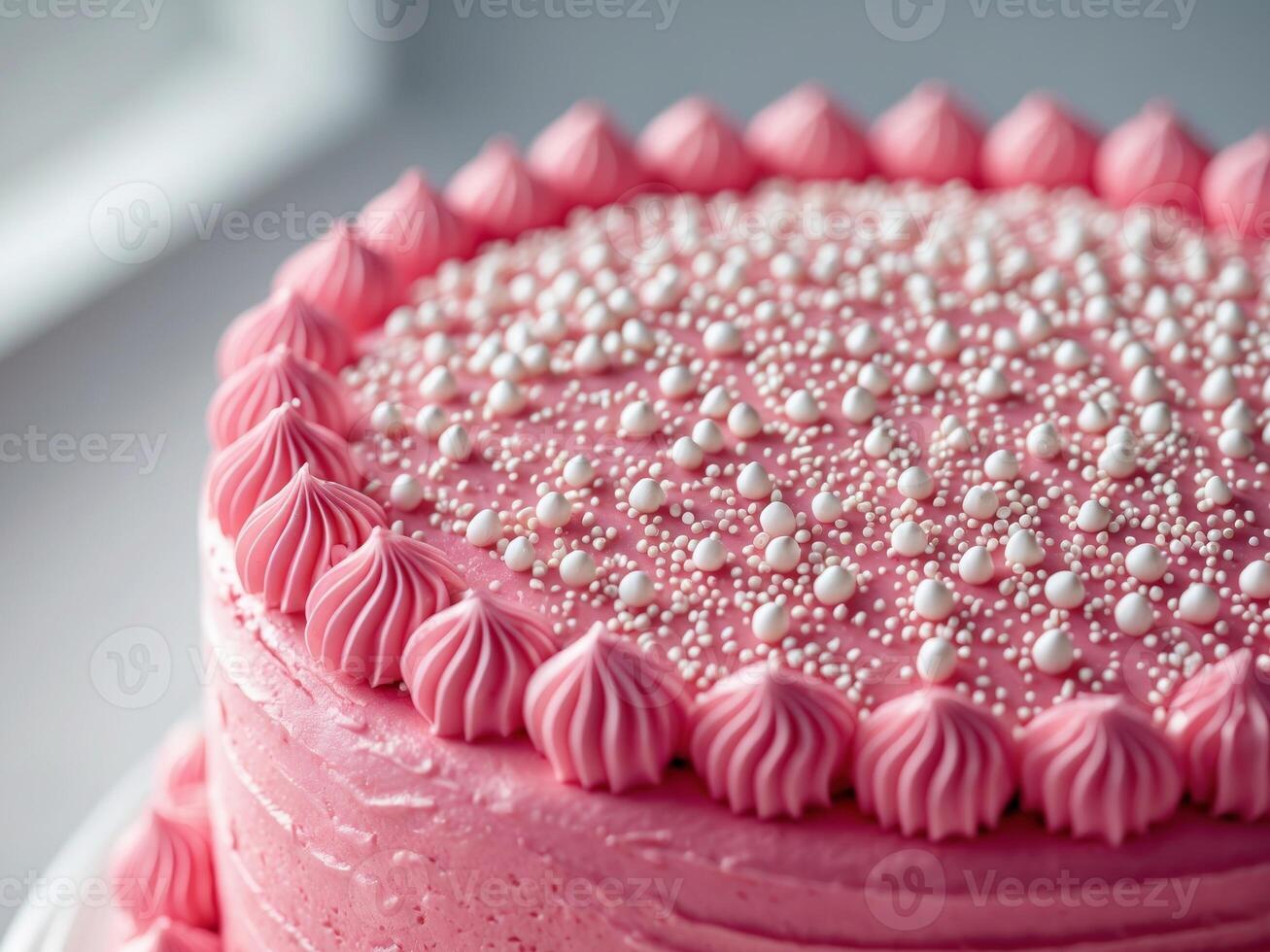 A pink cake with white frosting and sprinkles photo