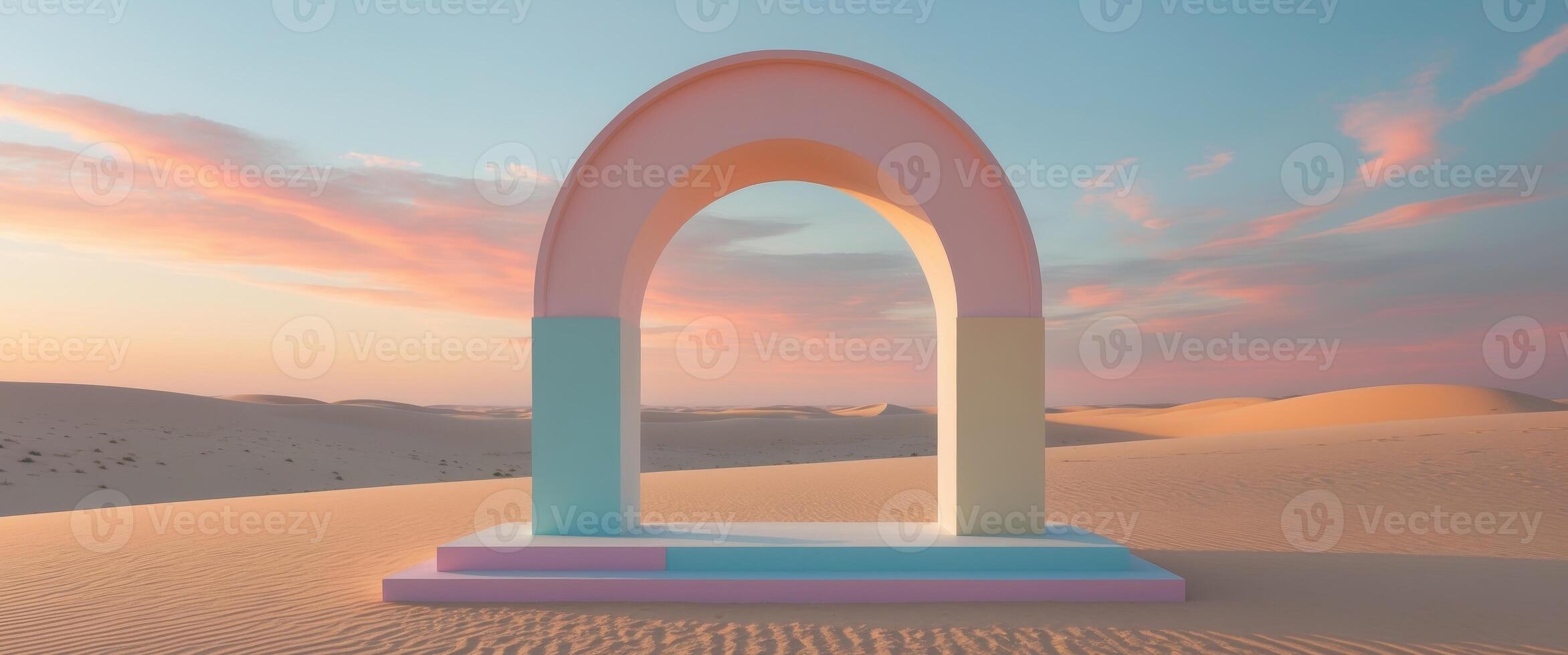 A Pastel Archway in a Desert Landscape, Dreamy Pastel Tones Under the Warm Sunset Sky. photo