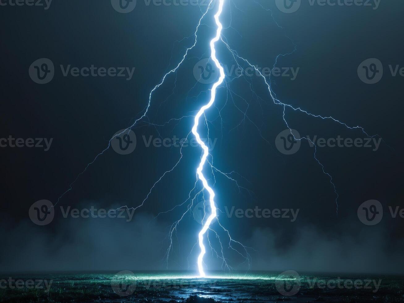 A Powerful Lightning Strike Illuminates a Dark, Misty Field at Night, Natures Fury. photo