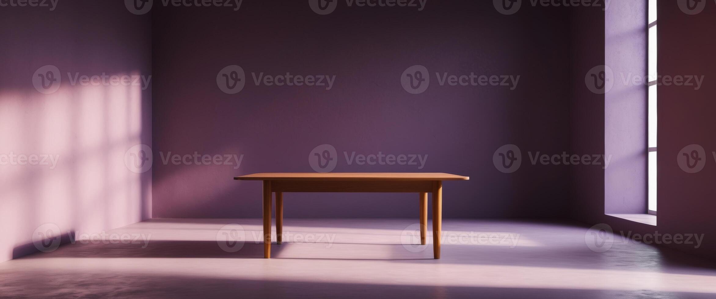 Simple wooden table in an empty room bathed in soft light serene interior scene. photo