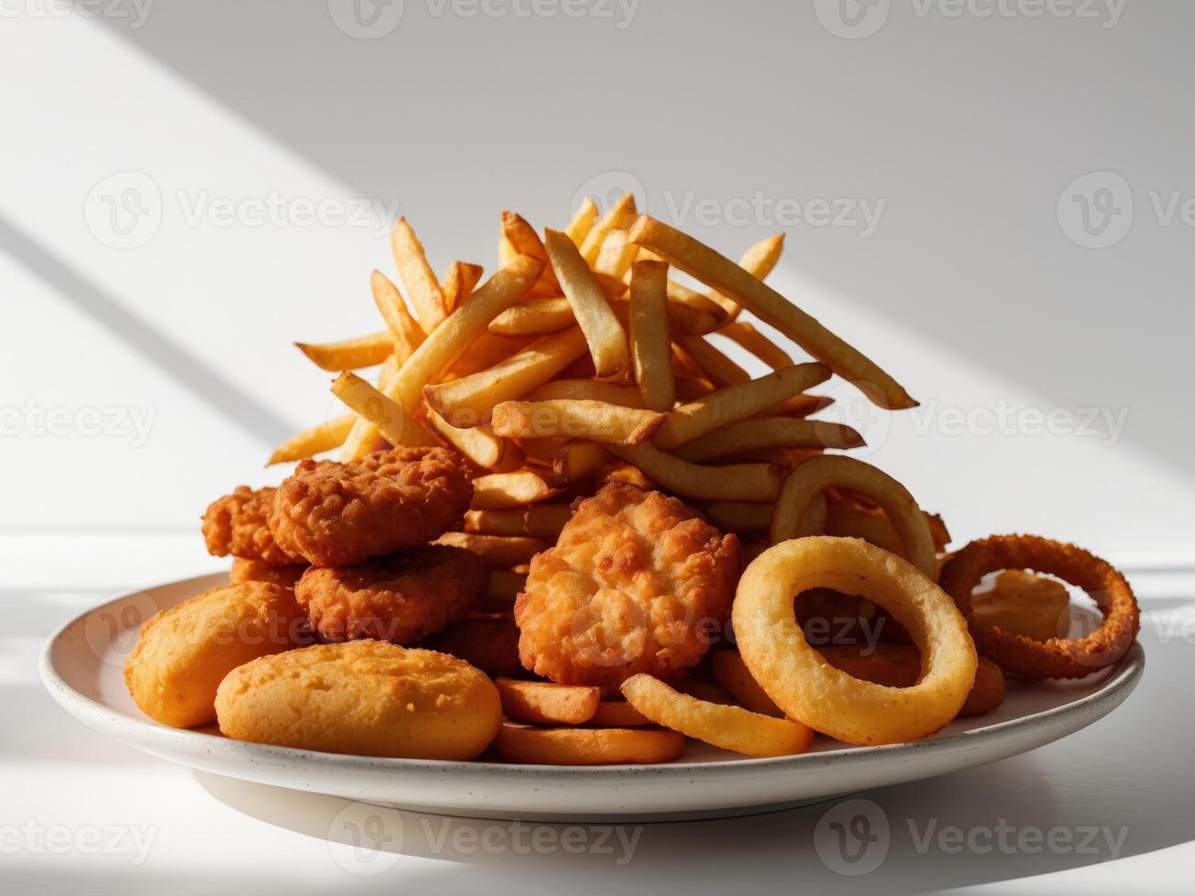 Food temptation. a plate overloaded with french fries, chicken nuggets and onion rings. photo