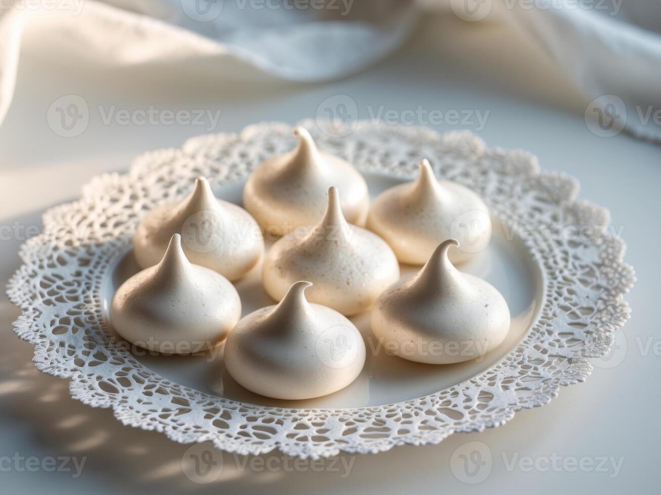 Delicate Meringue Kisses on Lace Plate. A Taste of Elegance and Sweetness. photo