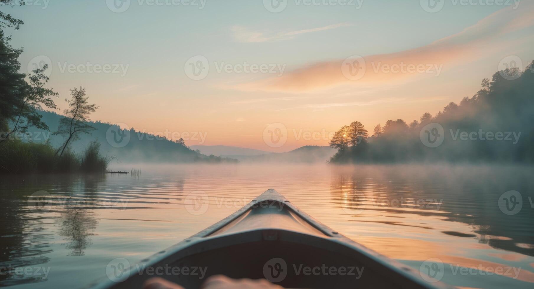 Canoeing on a Calm, Misty Lake at Sunrise, a Serene Nature Adventure, a Quiet Escape. photo