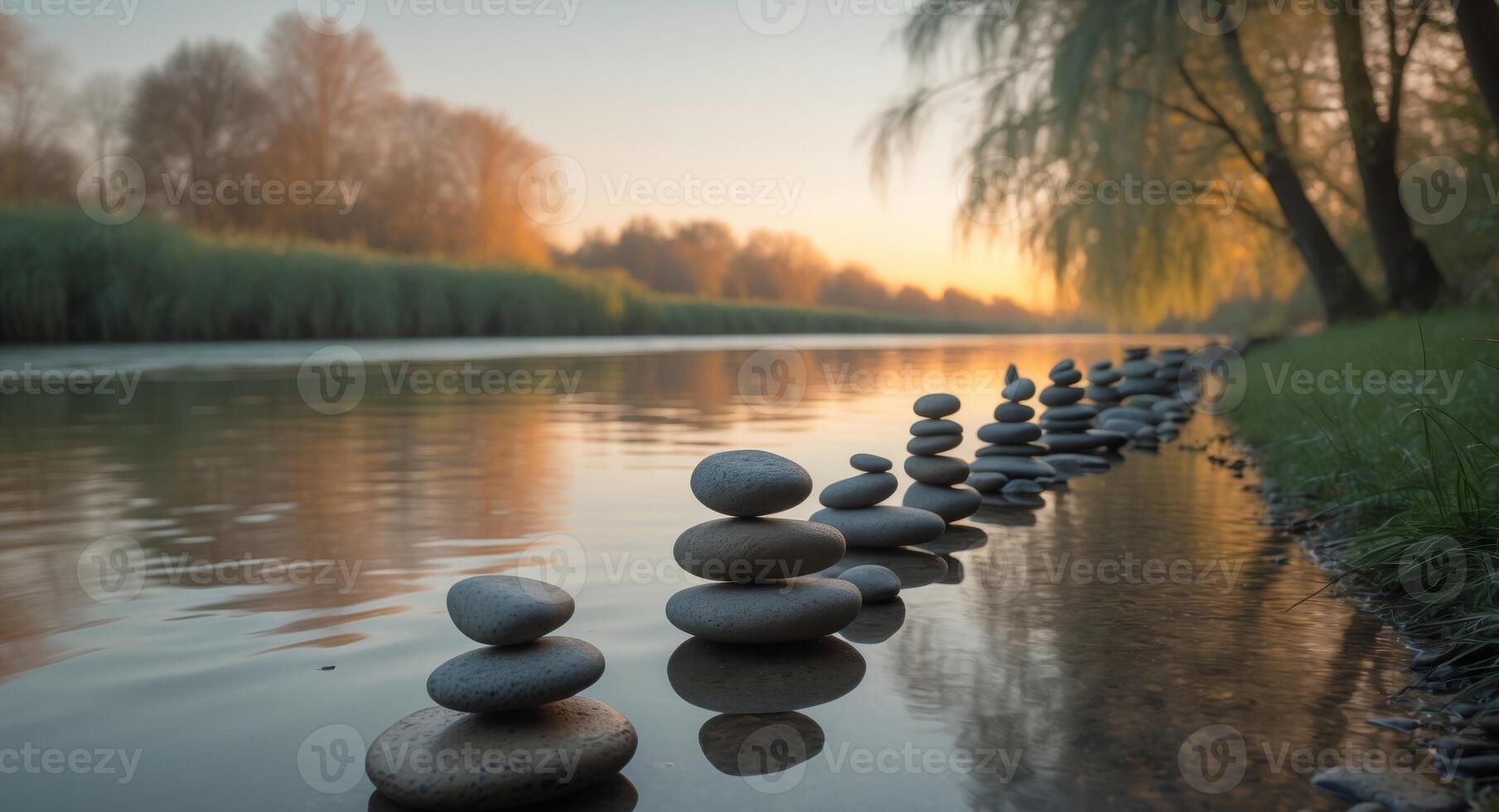 Balanced Stone Stacks Reflecting in Calm River Water at Sunset, Peaceful Scenery. photo