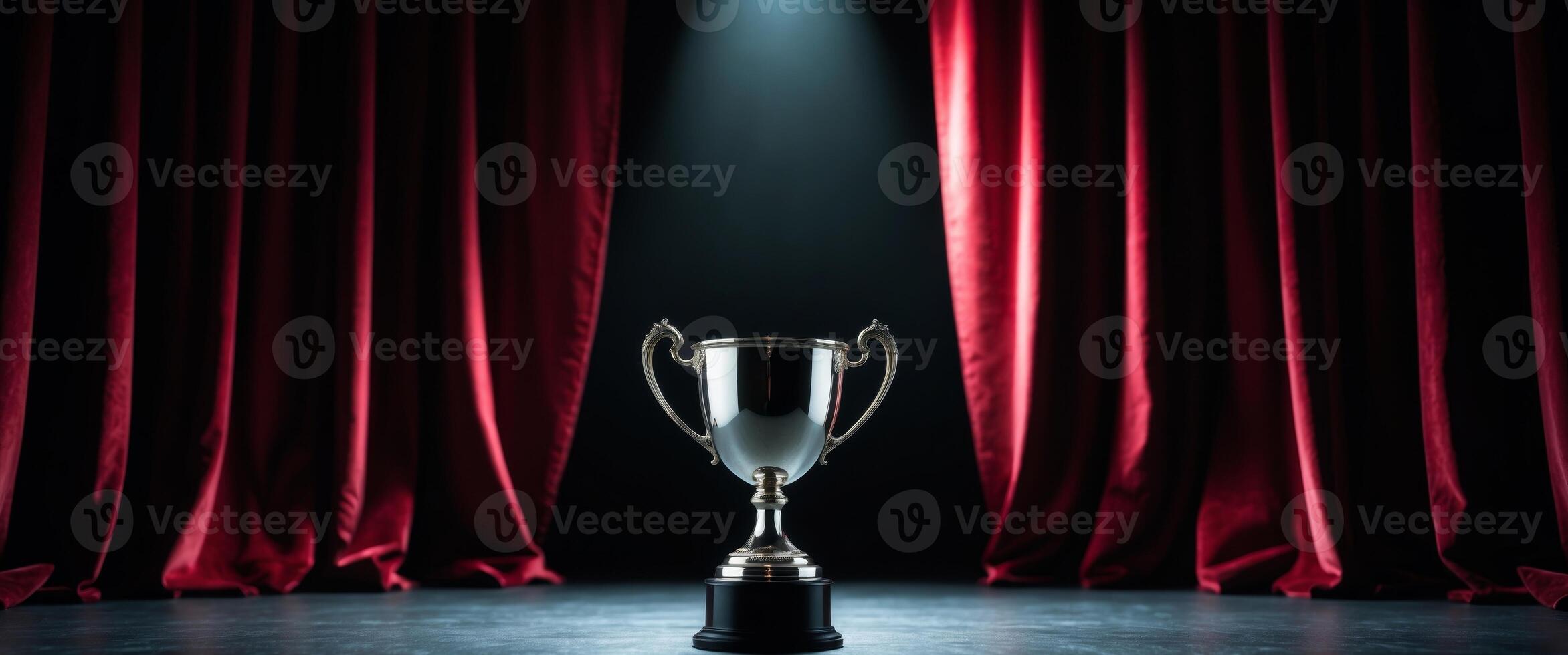 Silver Trophy Shining Under Spotlight on Stage with Elegant Red Velvet Curtains photo