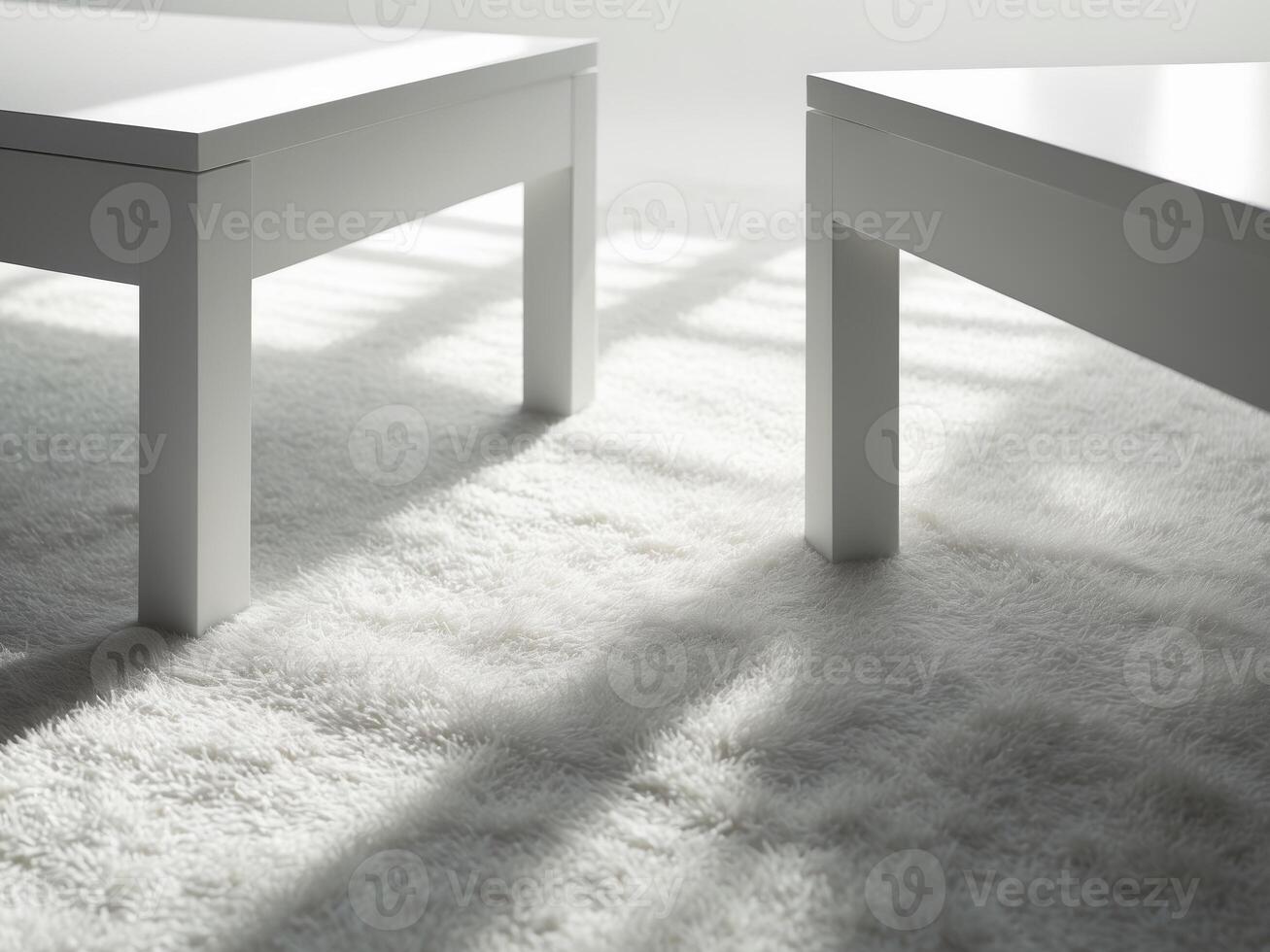 Two White Tables on a Fluffy White Carpet, Minimalist Interior Design Scene. photo