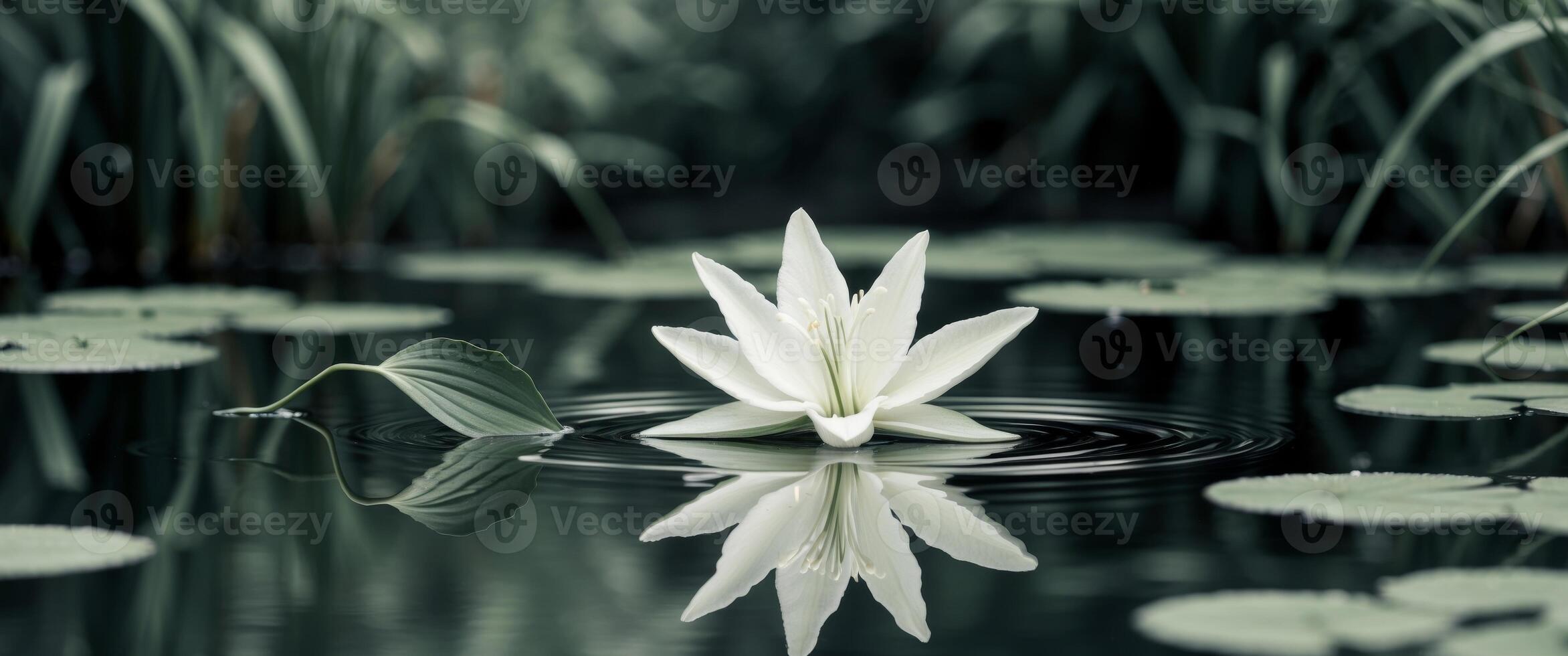 Serene White Lily Reflection. A Tranquil Pond Scene with Water Ripples and Lily Pads. photo