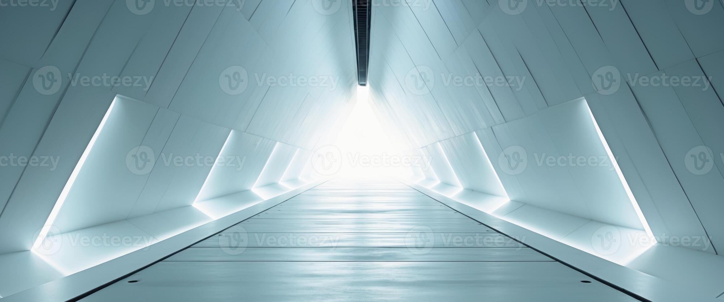 Futuristic White Hallway with Geometric Patterns Leading to a Bright Light Source. photo