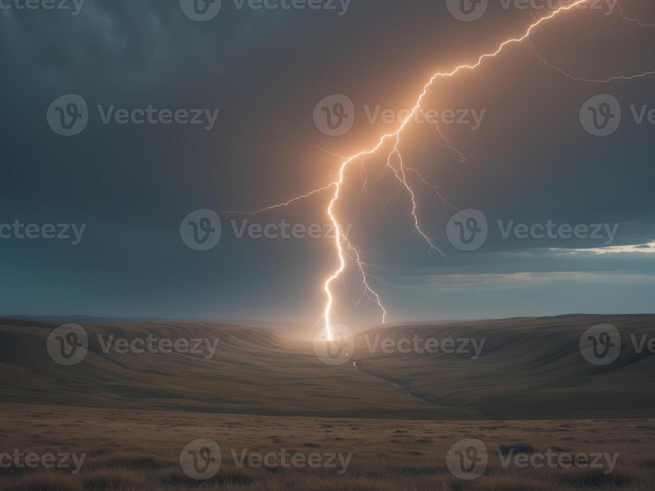 Lightning striking over a field in the middle of a storm photo