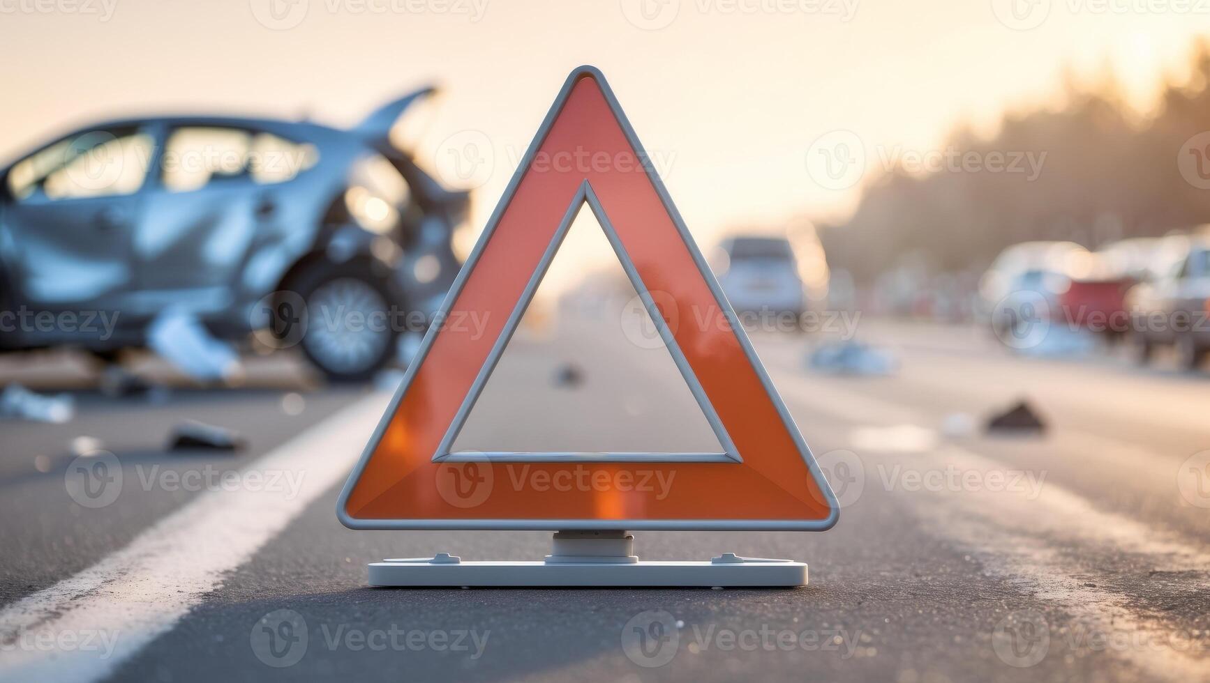 A car accident on the road with a warning sign photo