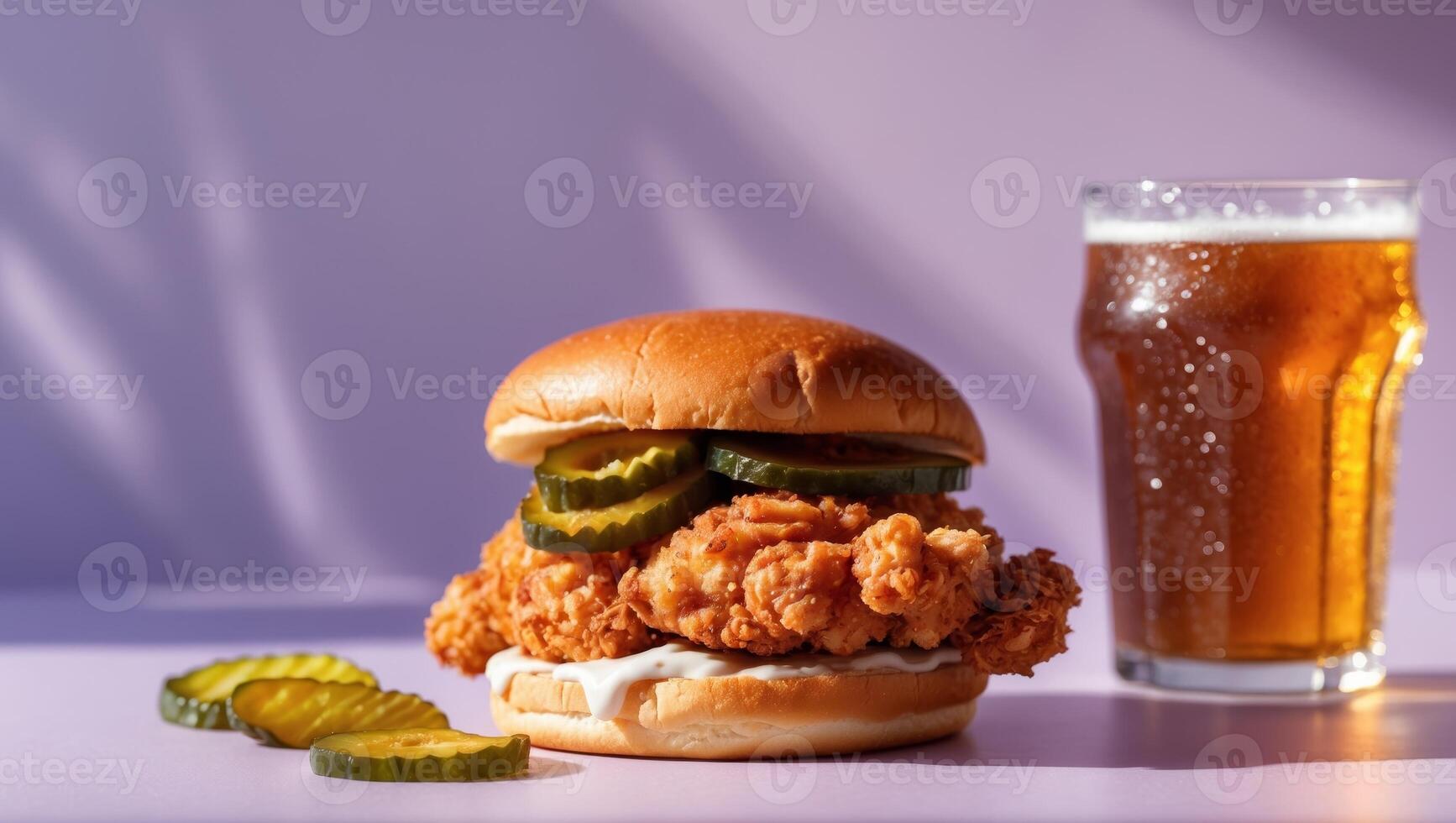 A fried chicken sandwich and a glass of beer photo
