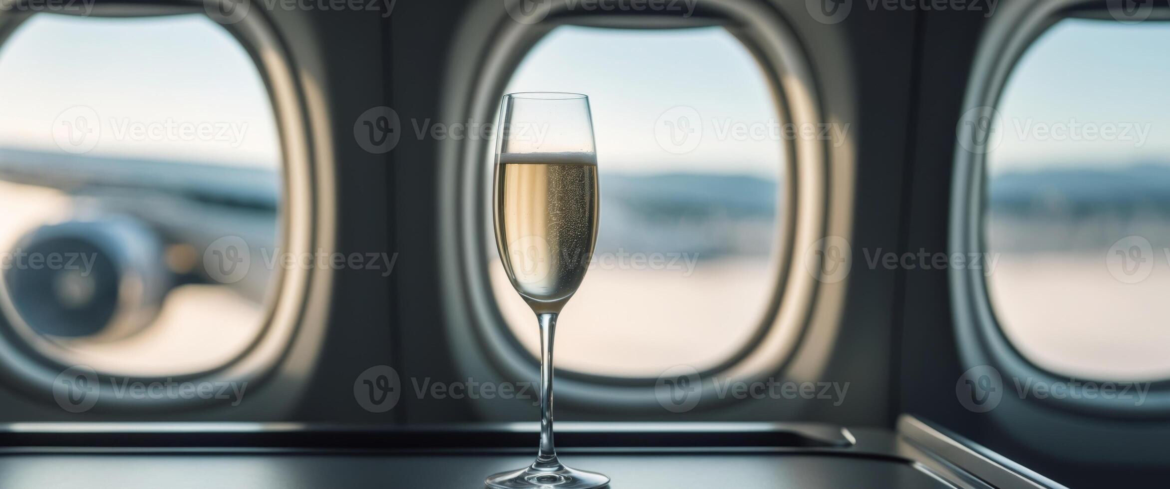 A glass of champagne on a table in front of an airplane window photo