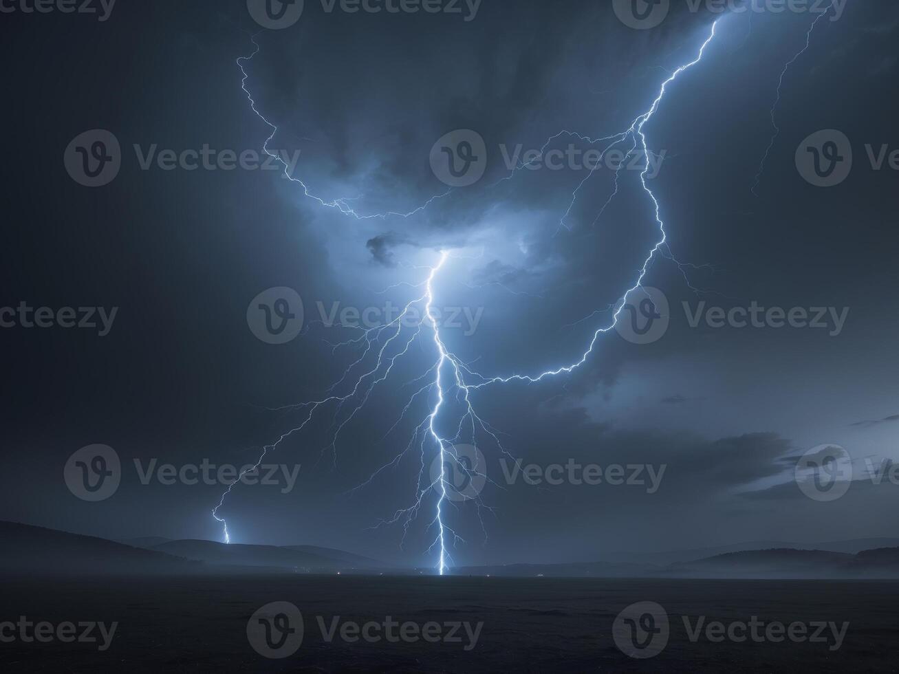 Lightning strikes over a dark sky with a mountain in the background photo