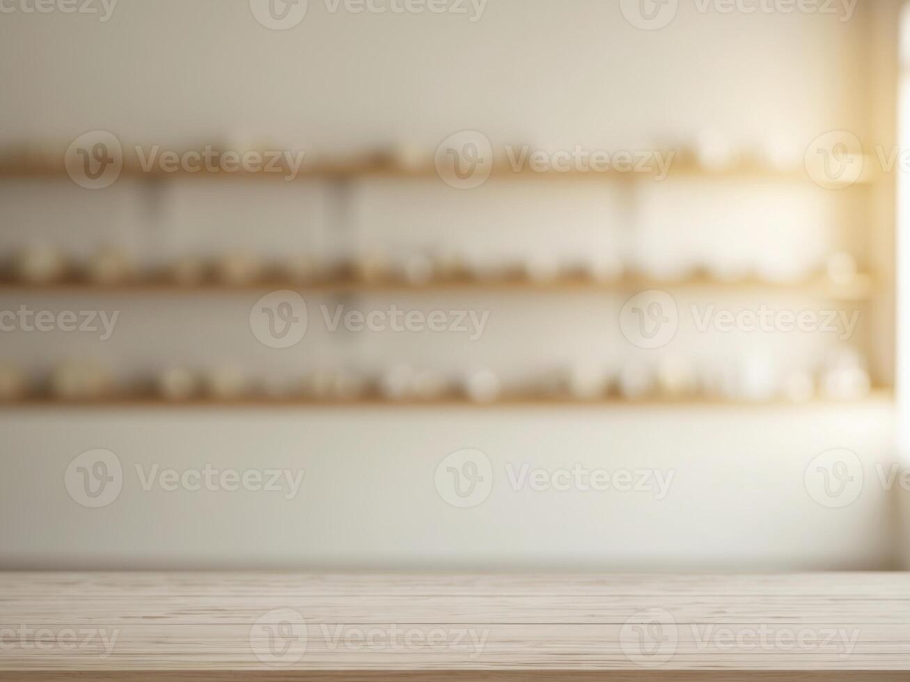 Empty wooden table in front of a wall of shelves photo