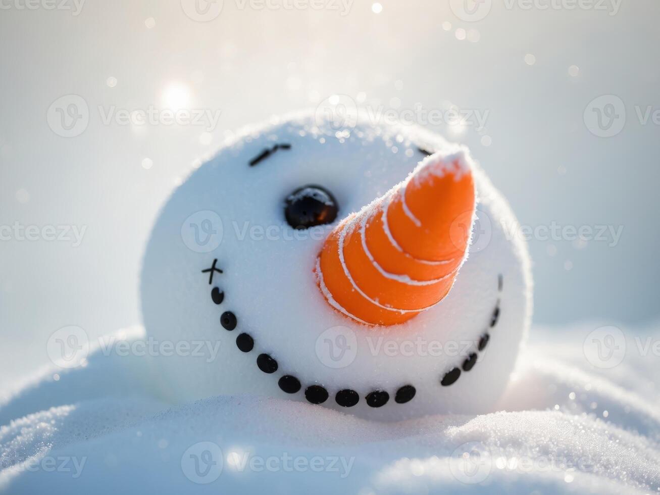 A snowman with an orange nose is sitting in the snow photo
