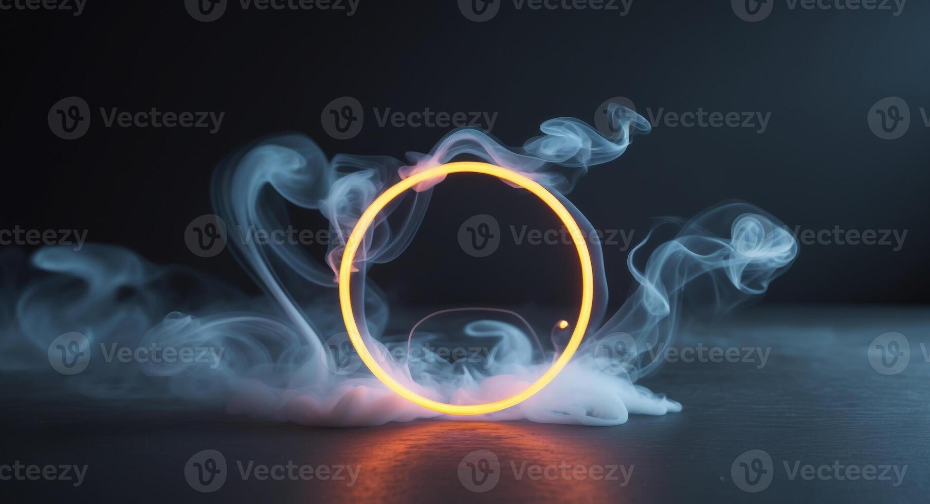 A ring of smoke is shown in front of a black background photo