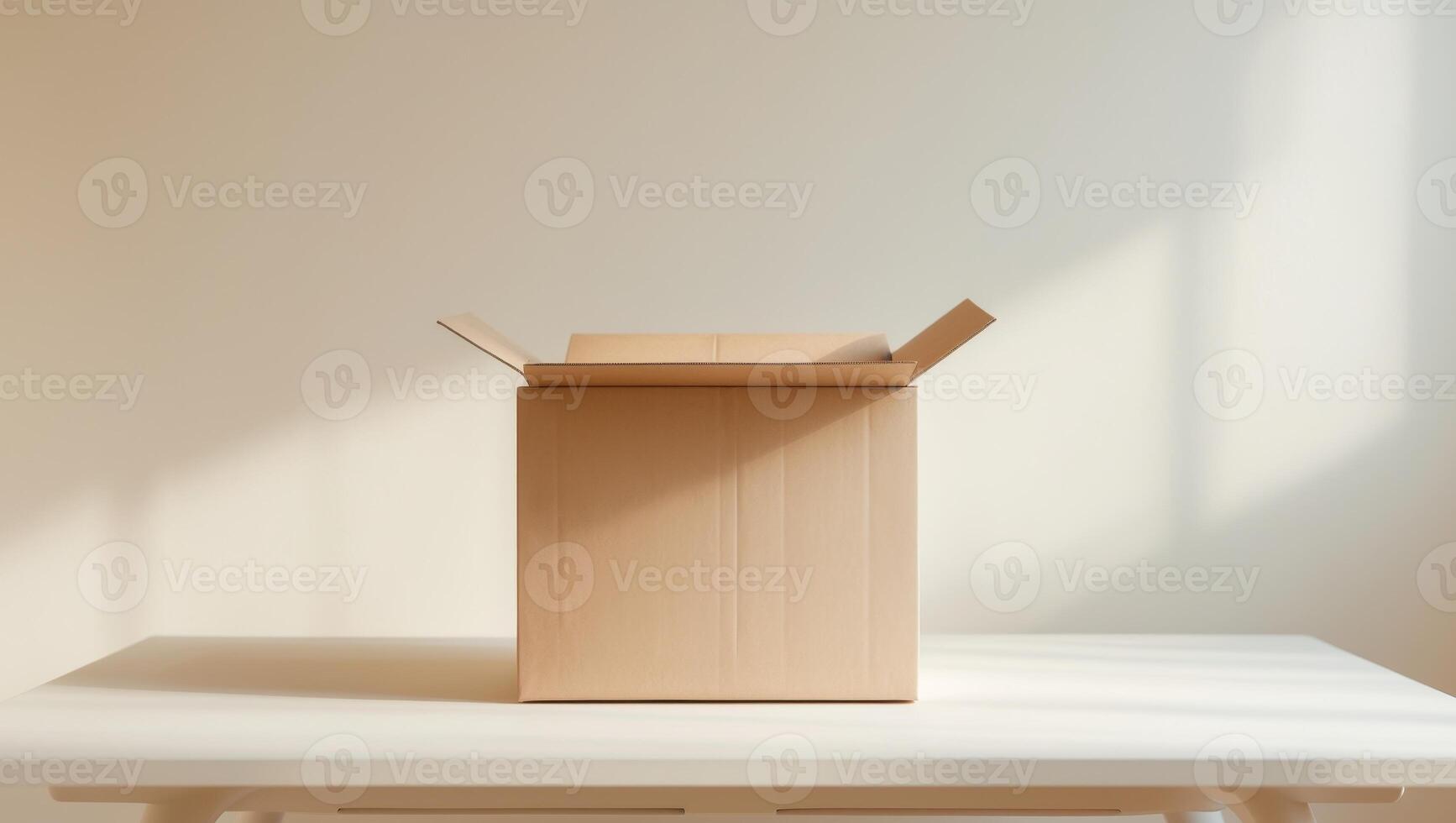 An empty cardboard box sitting on a table in front of a window photo