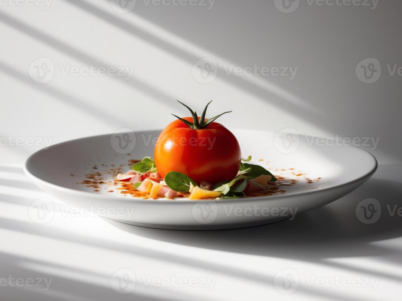 A tomato on a white plate with a leaf photo