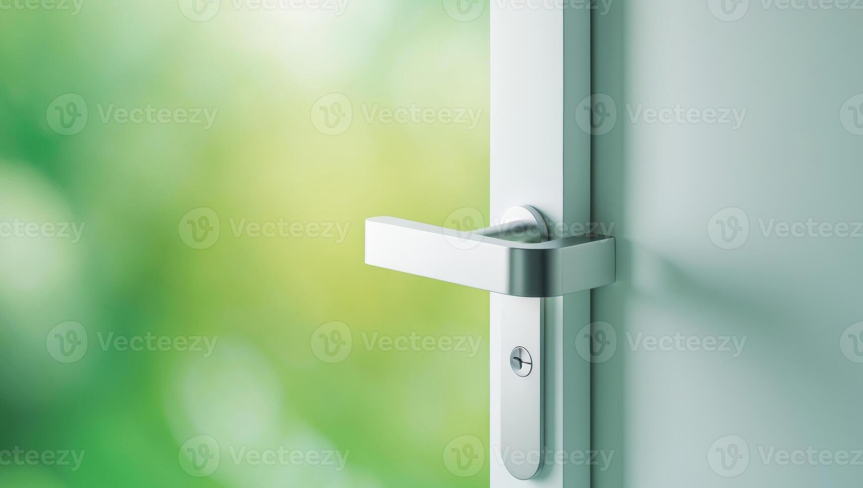 A close up of a door handle on a white door photo
