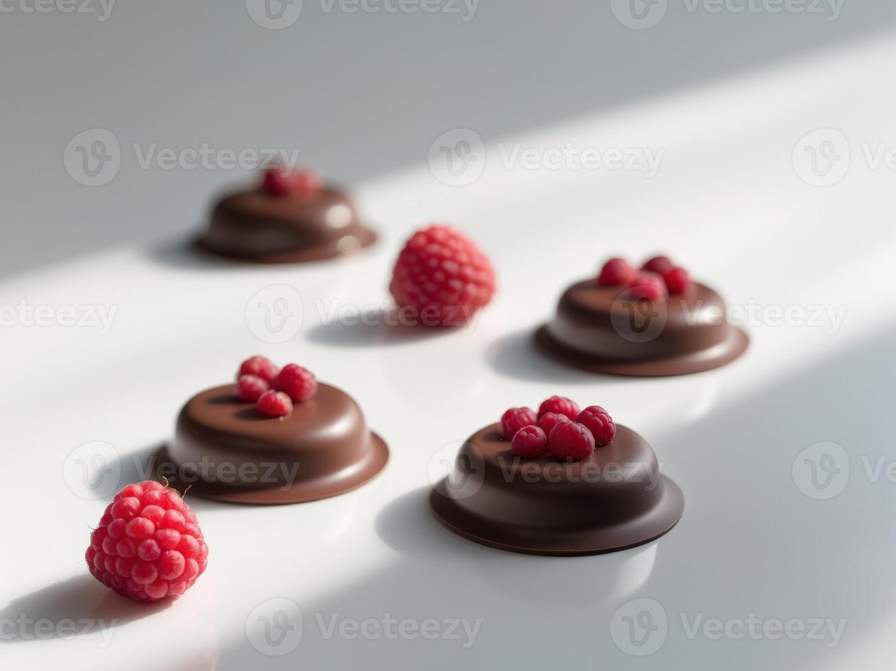 Chocolate covered raspberries on white background photo
